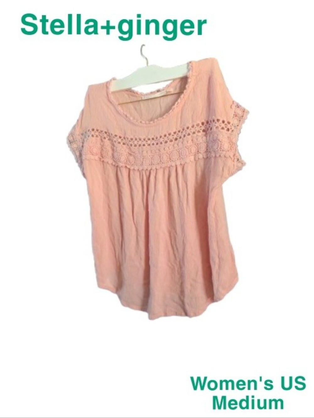 Stella + Ginger Blush Pink Lace Yoke Button-Back Boho Blouse - Size L
